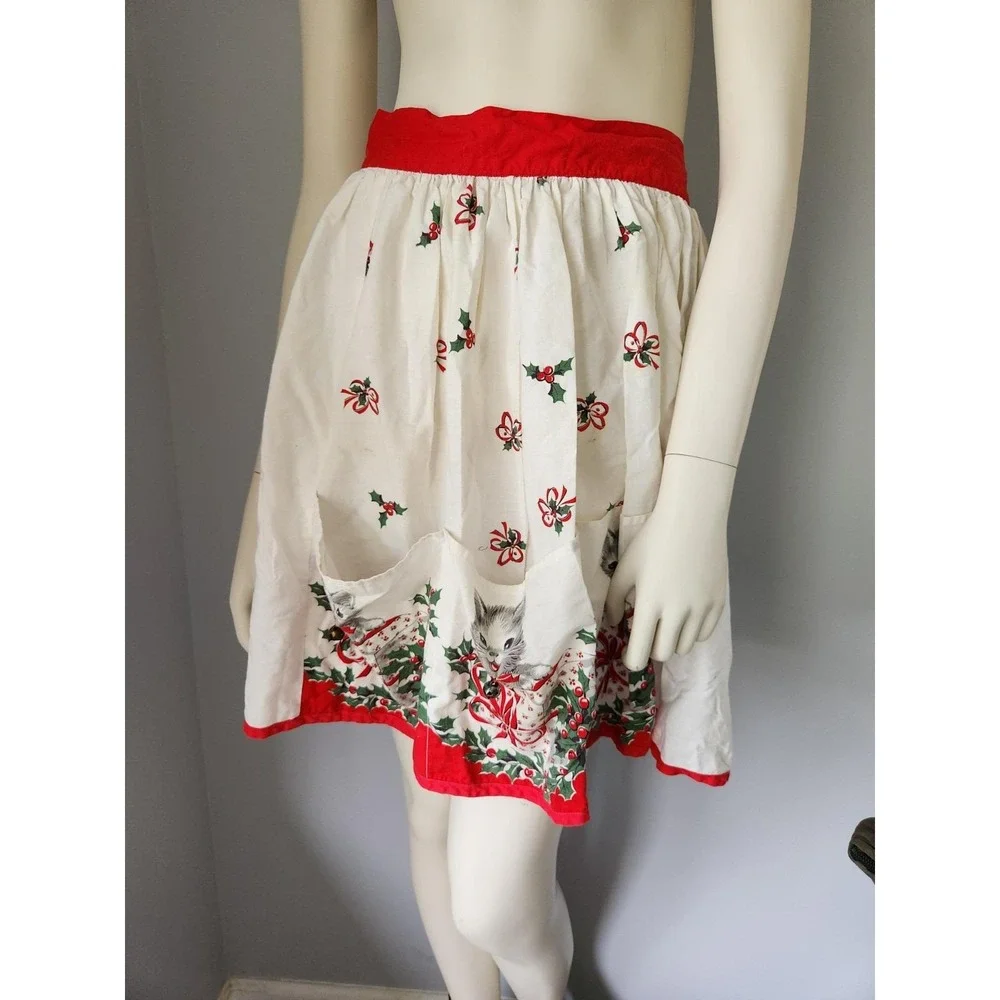 Vintage Kittens Holiday Christmas Apron Cats Jingle Bells Pockets Half Waist Tie